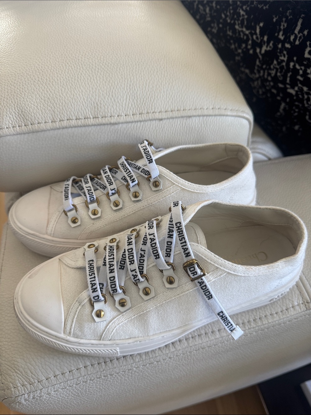 Dior White Canvas Sneakers with Branded J'Adior Ribbon Straps and Gold Accents